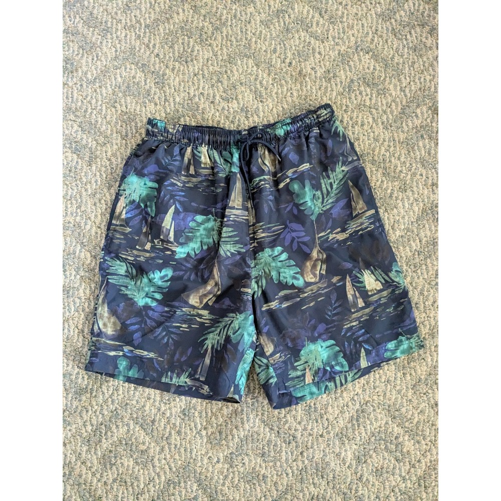Covington Mens Tropical Sailboat Swim Trunks Navy Blue Palm Mesh Lining Medium